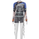 Hooded mesh printed irregular strap slit long and wide top T-shirt