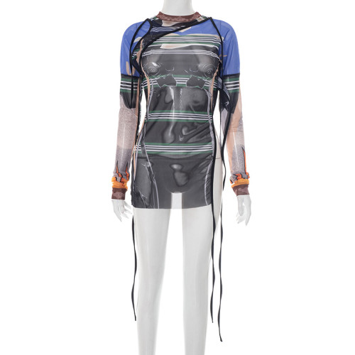 Hooded mesh printed irregular strap slit long and wide top T-shirt