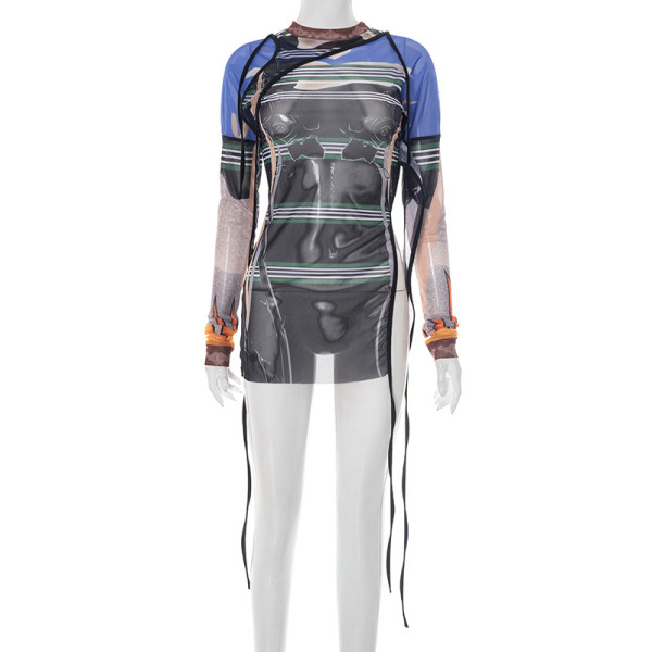 Hooded mesh printed irregular strap slit long and wide top T-shirt