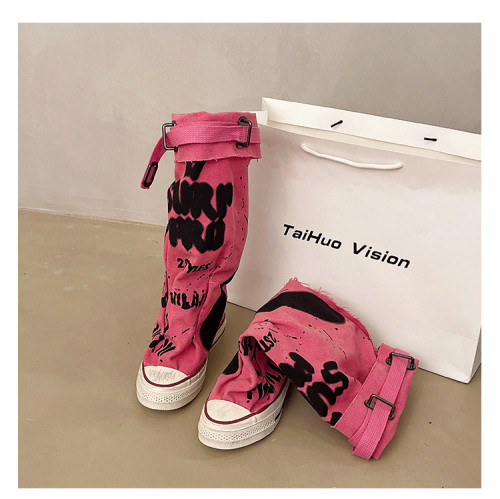Large size flat bottom graffiti boots pile up boots