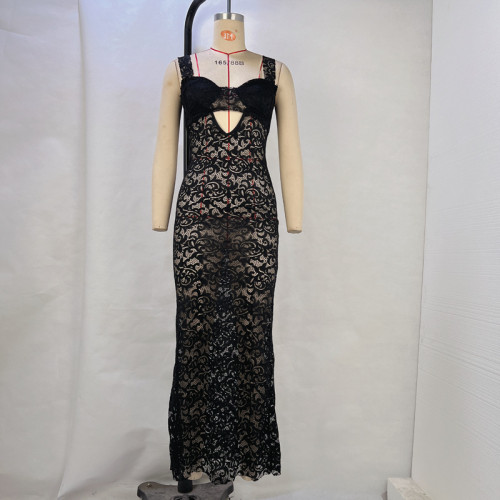 Lace perspective hollow waist bag waist waist mid length dress