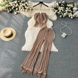 Knitted tassel hanging neck top, high waisted hollowed out pants two-piece set