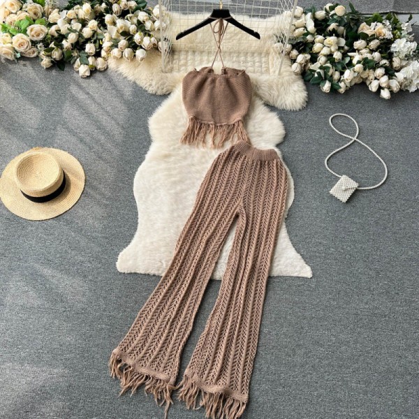 Knitted tassel hanging neck top, high waisted hollowed out pants two-piece set