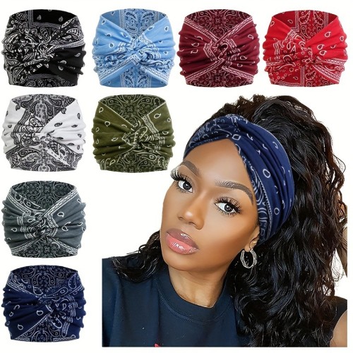 Printed headband, sports makeup, tied hair, crossed wide edge headband