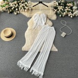 Knitted tassel hanging neck top, high waisted hollowed out pants two-piece set