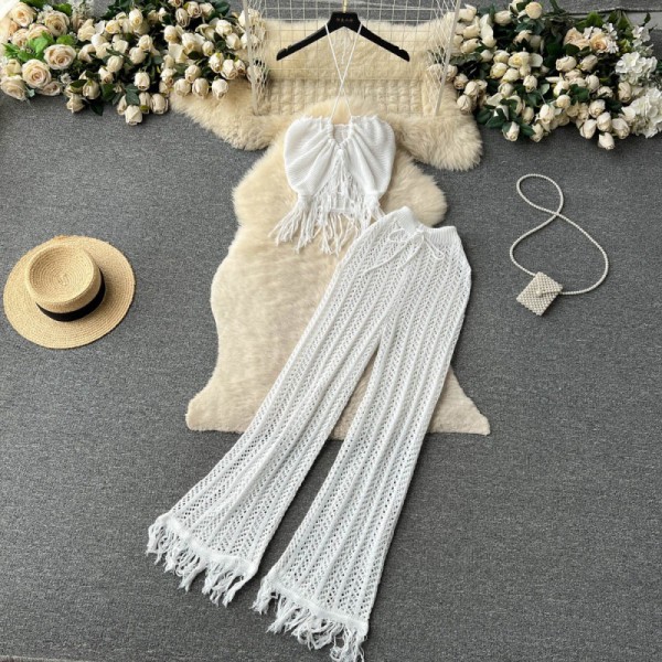 Knitted tassel hanging neck top, high waisted hollowed out pants two-piece set