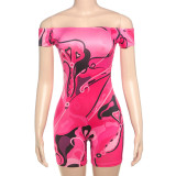 One shoulder, waist cinching, tight fitting, hip lifting, printed jumpsuit shorts