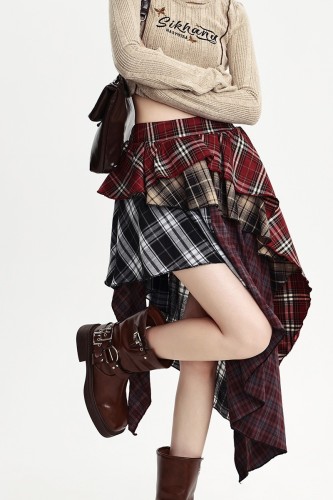 Large plaid pleated skirt, irregular half skirt