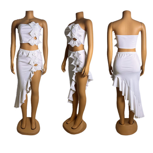 High slit strapless ruffle lace two-piece set