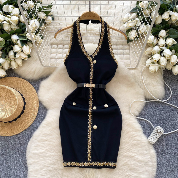 Nail bead sequin V-neck hanging neck sleeveless waist pack buttocks exposed back dress