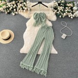 Knitted tassel hanging neck top, high waisted hollowed out pants two-piece set