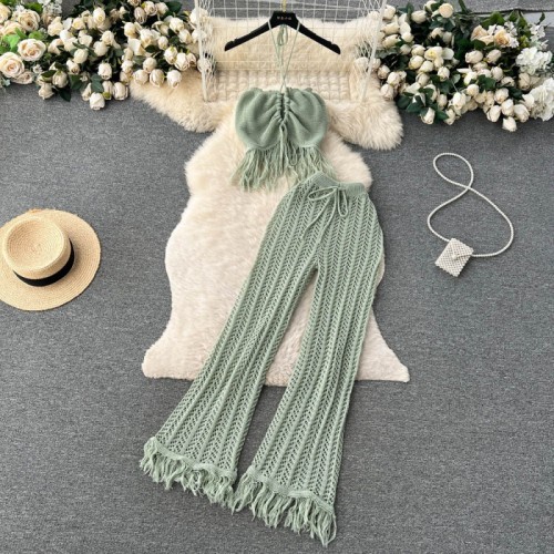 Knitted tassel hanging neck top, high waisted hollowed out pants two-piece set