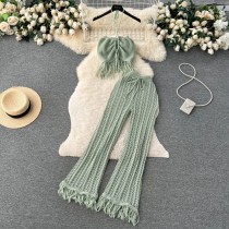 Knitted tassel hanging neck top, high waisted hollowed out pants two-piece set Knitted tassel hanging neck top, high waisted hollowed out pants two-piece set