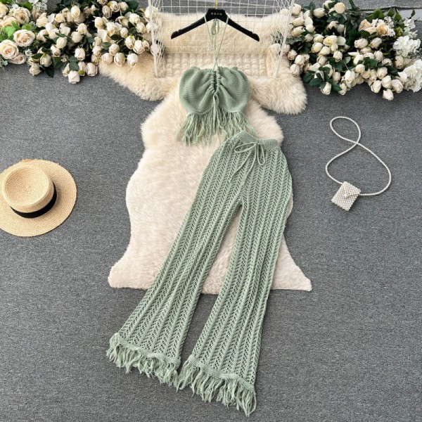 Knitted tassel hanging neck top, high waisted hollowed out pants two-piece set