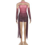 Hanging neck sleeve, pleated sleeve, strapless strap, hip hugging short skirt set