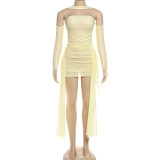 Hanging neck sleeve, pleated sleeve, strapless strap, hip hugging short skirt set