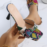 Large size square toe high-heeled slim heel snake patterned leopard print women's slippers