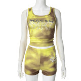 Mesh butterfly print pleated tank top shorts set