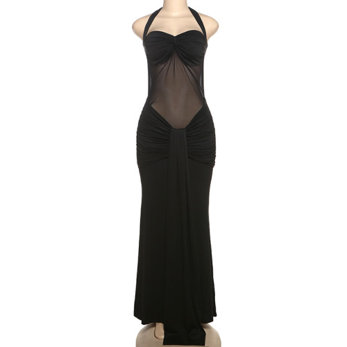 Hanging neck tie, gauze mesh, see through ribbon, jumpsuit, long skirt