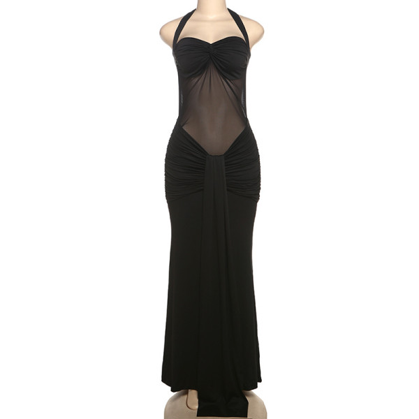 Hanging neck tie, gauze mesh, see through ribbon, jumpsuit, long skirt