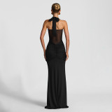 Hanging neck tie, gauze mesh, see through ribbon, jumpsuit, long skirt