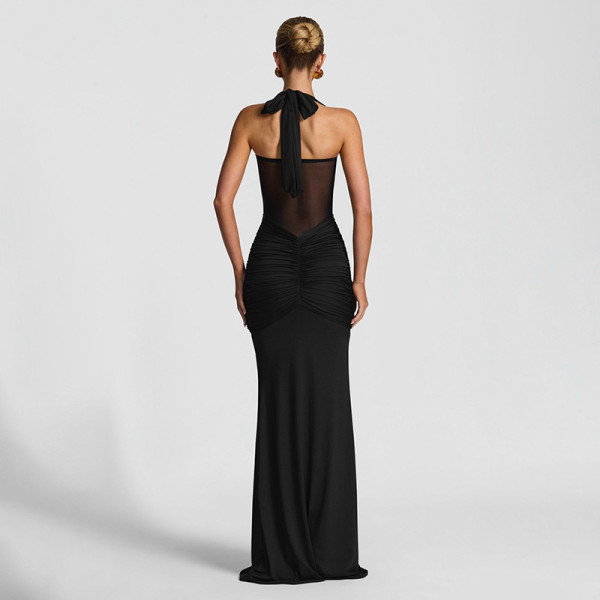 Hanging neck tie, gauze mesh, see through ribbon, jumpsuit, long skirt