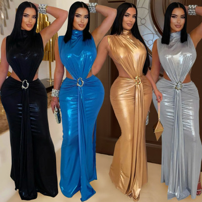 High neck bag arm split dress