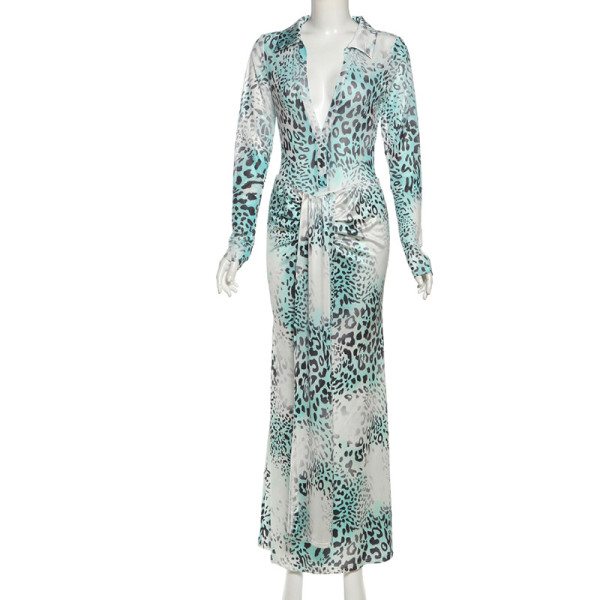 Deep V-neck waist revealing tight leopard print long dress set