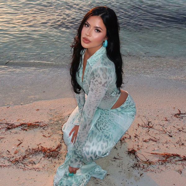 Deep V-neck waist revealing tight leopard print long dress set