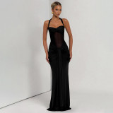 Hanging neck tie, gauze mesh, see through ribbon, jumpsuit, long skirt