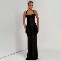 Hanging neck tie, gauze mesh, see through ribbon, jumpsuit, long skirt