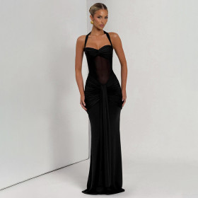 Hanging neck tie, gauze mesh, see through ribbon, jumpsuit, long skirt