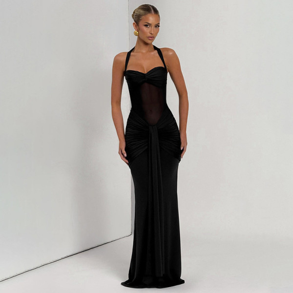 Hanging neck tie, gauze mesh, see through ribbon, jumpsuit, long skirt