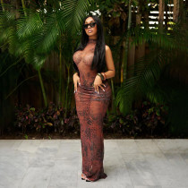 Mesh animal print semi high neck sleeveless long skirt set