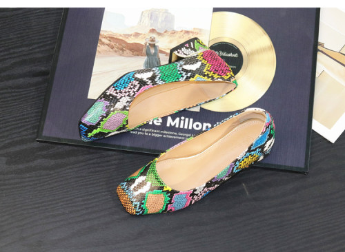 Square toe shallow mouth single shoe snake pattern thick heel plus size women's shoes