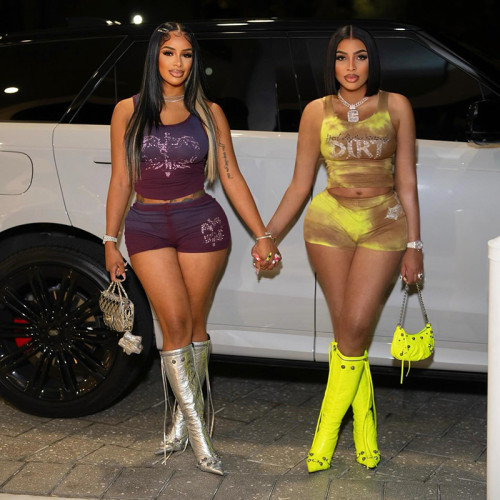 Mesh butterfly print pleated tank top shorts set