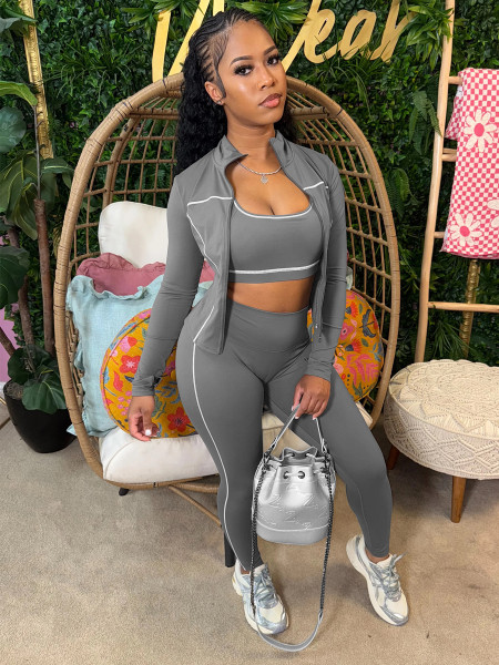 I-shaped vest zipper thumb button long sleeved tight pants 3-piece set
