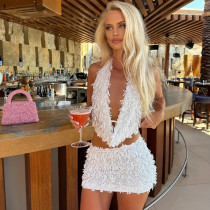 Hanging neck deep V-neck short skirt set Hanging neck deep V-neck short skirt set