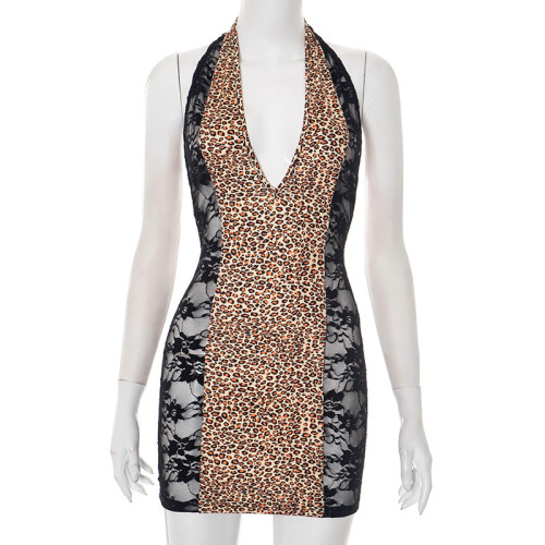 Leopard print V-neck hanging neck patchwork lace hip hugging short skirt dress