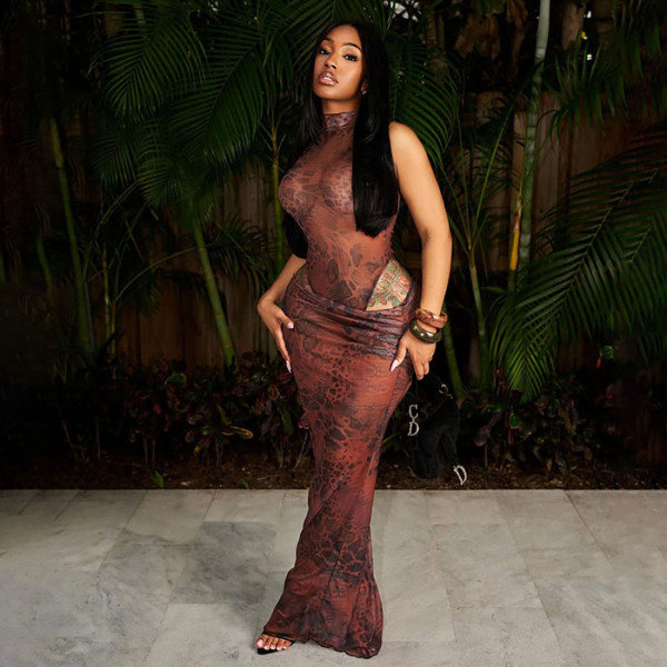 Mesh animal print semi high neck sleeveless long skirt set