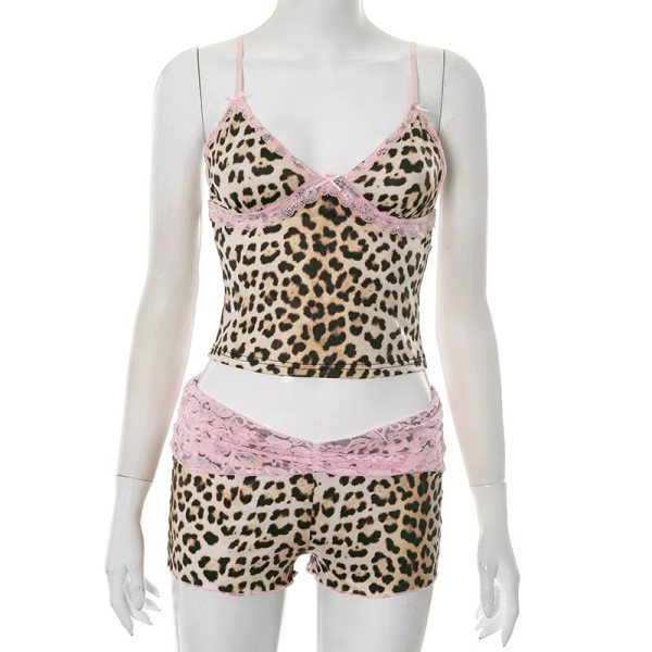 Leopard print patchwork lace bow camisole top contrasting shorts two-piece set