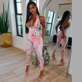 Leopard print V-neck solid color hip hugging jumpsuit