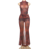 Mesh animal print semi high neck sleeveless long skirt set