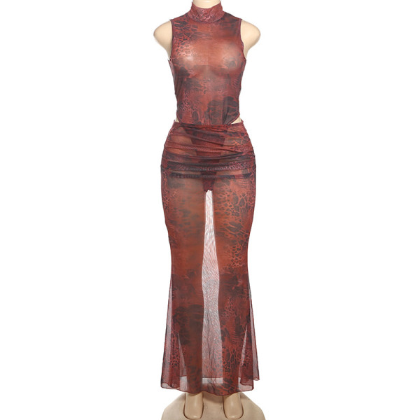Mesh animal print semi high neck sleeveless long skirt set