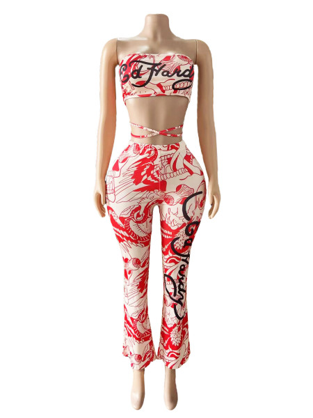 Printed lace up strapless pants set