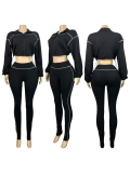 Rubber Buckle Waist Drop Shoulder Sleeve Tight Pants Two Piece Set
