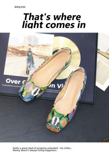 Square toe shallow mouth single shoe snake pattern thick heel plus size women's shoes