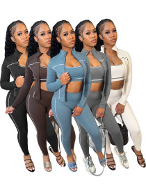 I-shaped vest zipper thumb button long sleeved tight pants 3-piece set