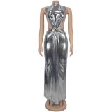 High neck bag arm split dress