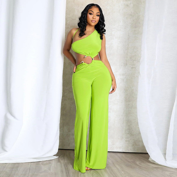 Hollow out diagonal collar strap, pleated circular ring splicing, straight tube long jumpsuit